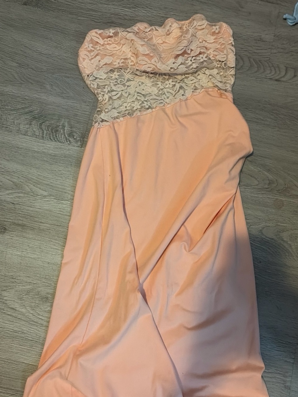 Strapless Peach Lace Bodice Maxi Dress
